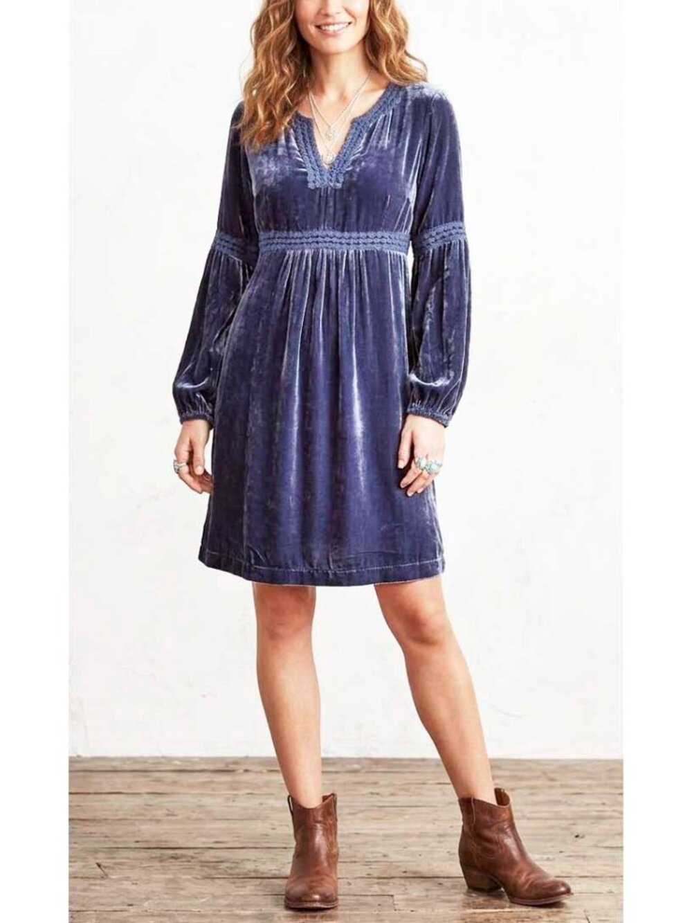 Sundance Women's Blue Velvet Boho Mini Dress Bishop Sleeves Retro M